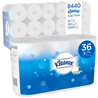 En kartong från Kimberly-Clark GmbH med sex förpackningar Kleenex® toalettpapper med vardera 6 vita rullar (350 ark per rulle), totalt 36 rullar och 12 600 ark; förpackningen är designad i vitt och blått.