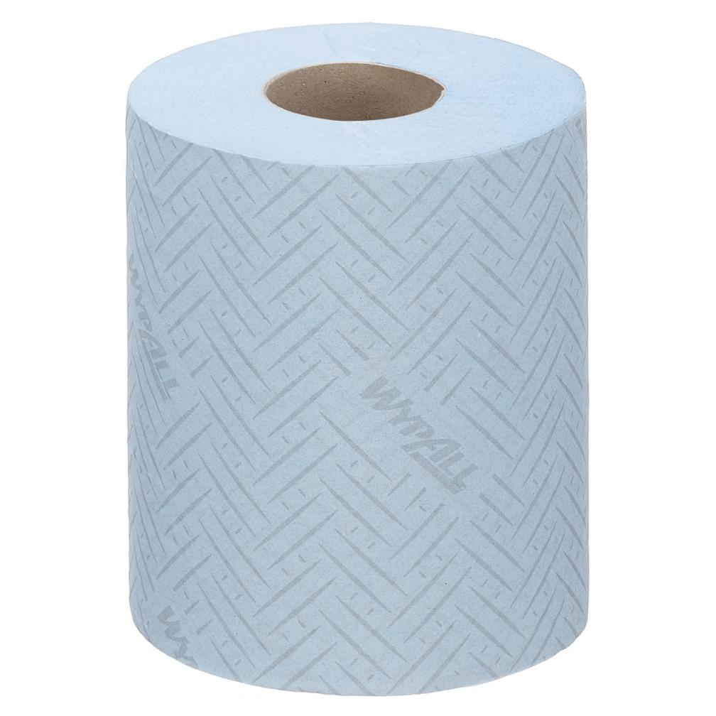 En kartong WypAll® Reach™ blå pappershanddukar från Kimberly-Clark GmbH (6 rullar x 280 dukar), idealisk för centraluttag inom service & detaljhandel, visas mot en vit bakgrund.
