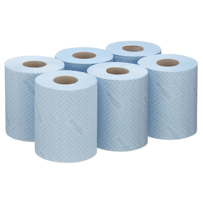 Sex blå WypAll® Reach™ pappershandduksrullar från Kimberly-Clark GmbH (6 x 280 ark) är avsedda för centraluttag - perfekt för rengöringstjänster eller detaljhandelsapplikationer.