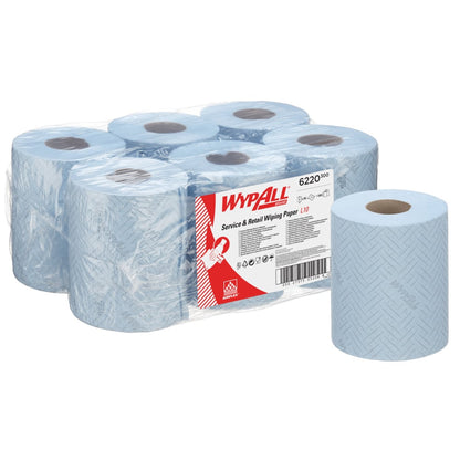 Avbildade är sex blå rullar WypAll® Reach™ pappershanddukar för rengöring inom service & detaljhandel - centraluttag från Kimberly-Clark GmbH, fem inslagna i plastfolie och en oskyddad med tydlig märkning och produktinformation.