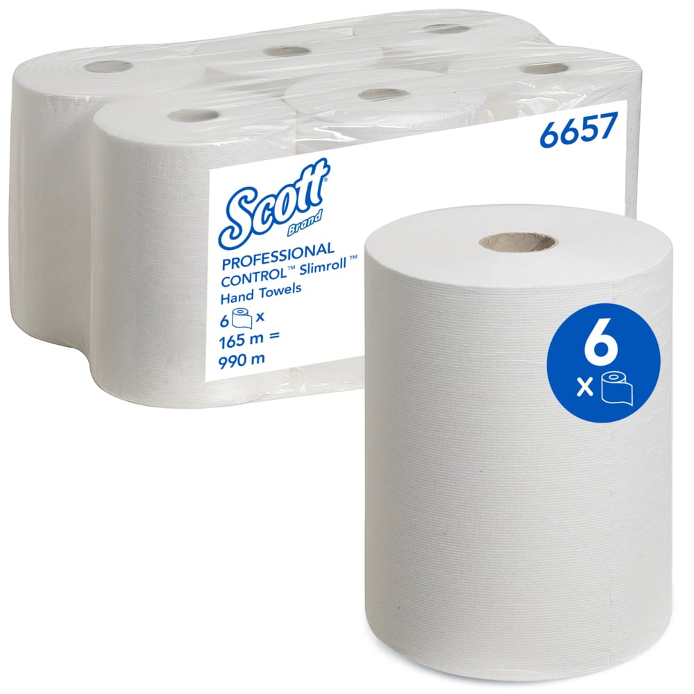 En kartong med sex Scott® Control™ Slimroll™ handdukar från Kimberly-Clark GmbH (vit, 6 rullar), med en rulle på framsidan, fem rullar i genomskinlig plast och en blå cirkel med siffran sex på den främre rullen.