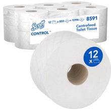 Eine Schachtel mit Kimberly-Clark Scott® Control™ Toilettenpapier - Zentralentnahme, enthält 12 weiße Rollen à 833 Blatt (Gesamt: 12 x 833), Produktnummer 8591, ideal für professionelle Umgebungen.