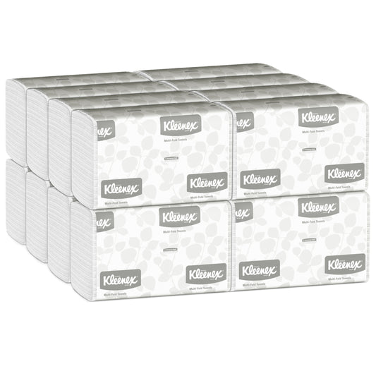 Ein Karton mit 16 Packungen Kleenex® Handtücher MultiFold Weiß, jeweils mit Kleenex-Logo und hellgrauem Muster, von Kimberly-Clark GmbH - ideal für Waschräume, die zuverlässige multifaltbare Handtücher benötigen (16 x 150 Blatt).