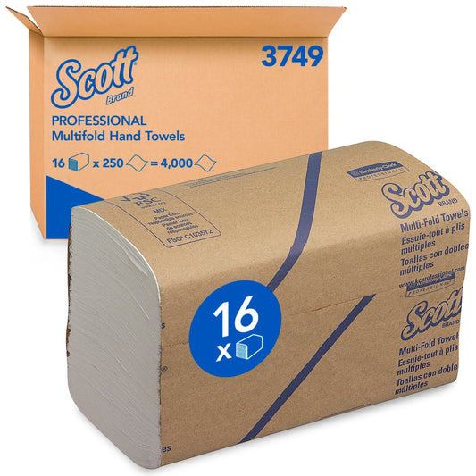 Eine Packung Scott® Handtücher - MultiFold / Weiß von Kimberly-Clark GmbH ist vor einem Karton abgebildet, der mit der Marke, dem Produktnamen und 16 Päckchen à 250 Blatt beschriftet ist.