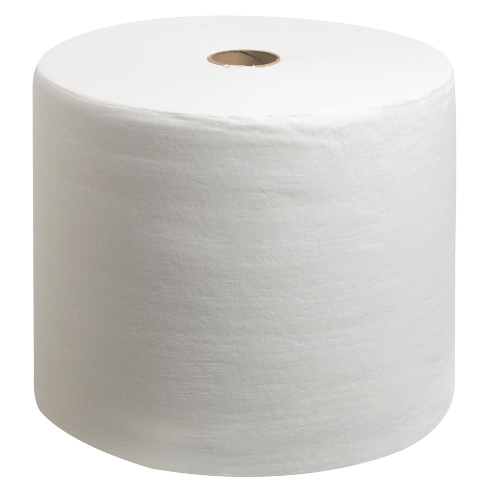 Den WypAll® L40 PowerClean stor rulle i vitt från Kimberly-Clark GmbH (1 rulle x 750 dukar) står med hög absorptionsförmåga för industriellt bruk mot en vit bakgrund, utrustad med ihåliga kärnor.
