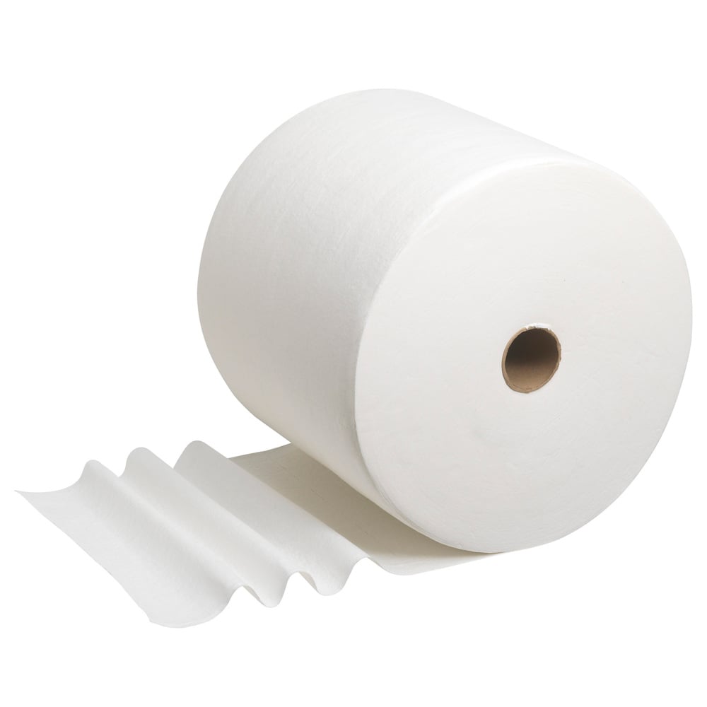 En WypAll® L40 PowerClean stor rulle (Kimberly-Clark GmbH) med flera oöppnade, absorberande dukar ligger på vit bakgrund. 1 rulle innehåller 750 dukar per kartong.