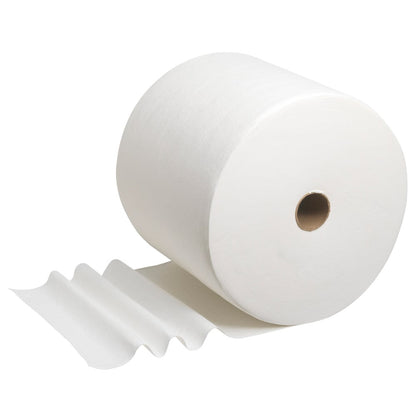 En WypAll® L40 PowerClean stor rulle (Kimberly-Clark GmbH) med flera oöppnade, absorberande dukar ligger på vit bakgrund. 1 rulle innehåller 750 dukar per kartong.