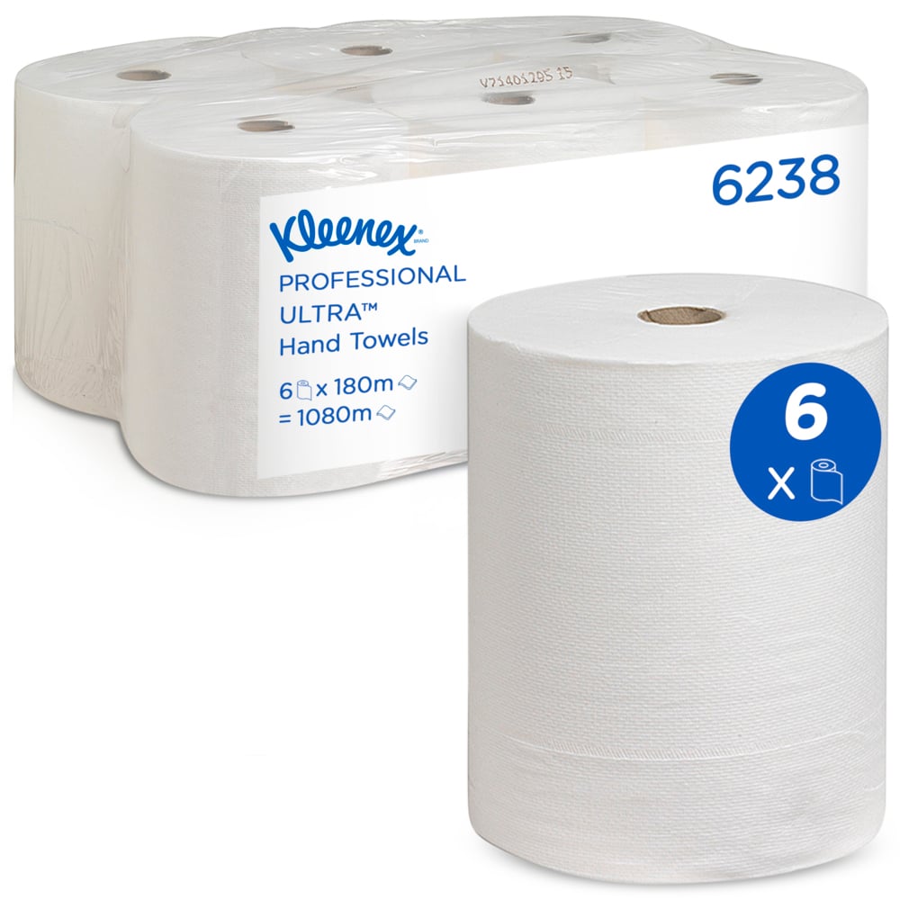 Avbildad är en sexpack Kleenex® Ultra™ handduksrullar från Kimberly-Clark GmbH, med en rulle fram. På etiketten står det: 6 rullar per kartong, varje 180 m lång - perfekt för hygienisk handtorkning - och totalt 1080 m lång.