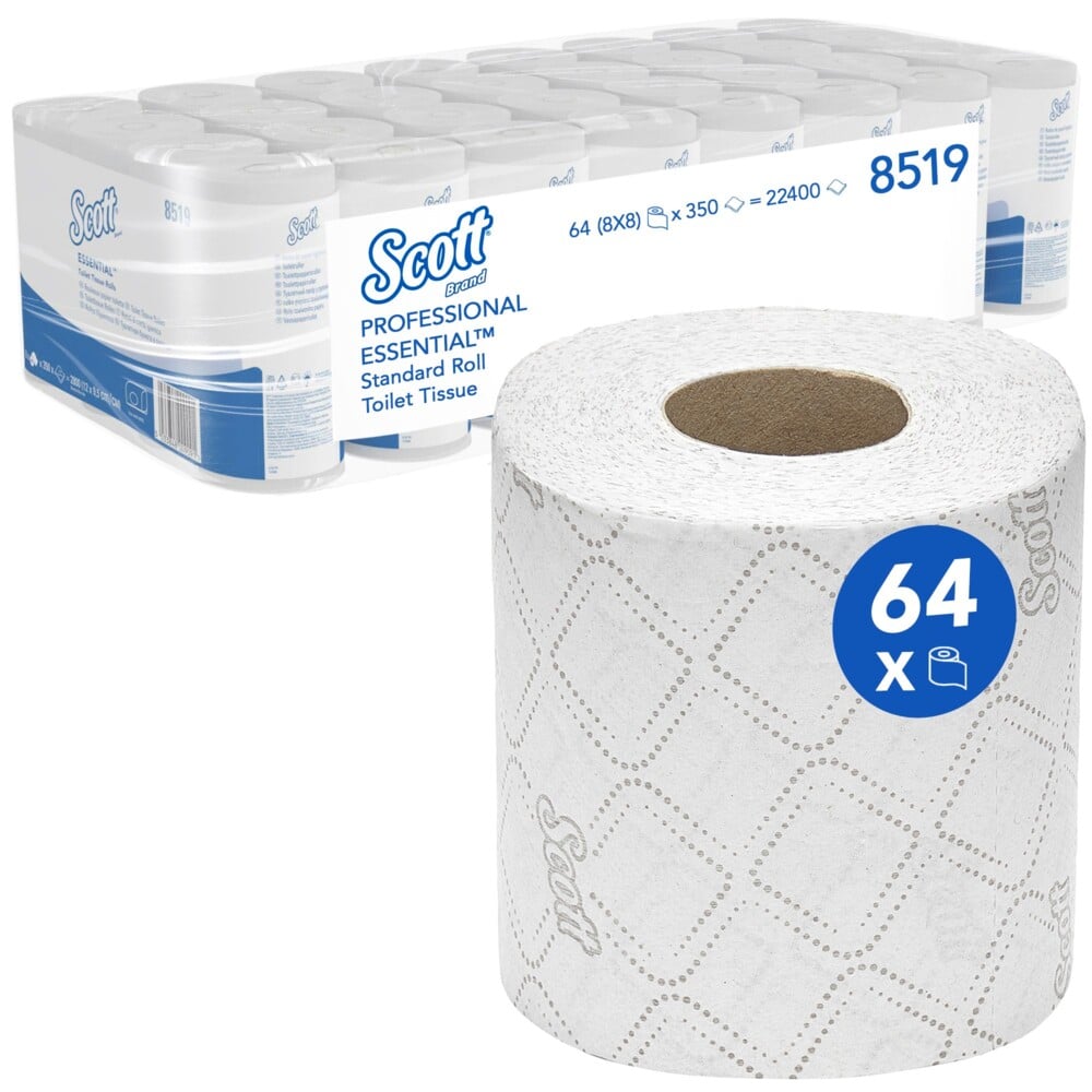 Das Scott® Essential™ Toilettenpapier von Kimberly-Clark GmbH enthält 8 Packungen mit je 8 kleinen Rollen, insgesamt 64 Rollen mit 350 Blatt pro Rolle. Eine Rolle ist auf der Vorderseite abgebildet, und die Verpackung hebt das Branding und die Mengenangaben hervor.
