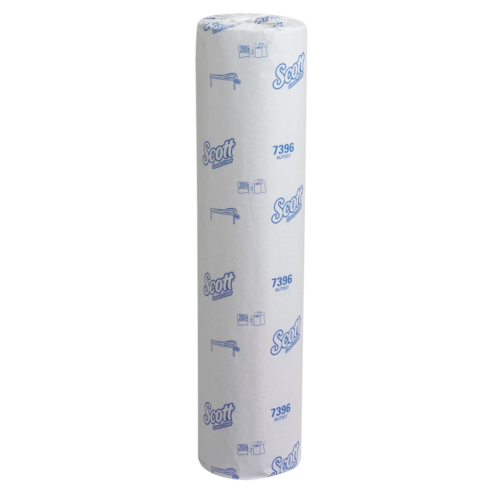 En Scott® läkarrulle (38,00 cm x 51,00 cm) från Kimberly-Clark GmbH står upprätt framför vit bakgrund, i märkesförpackning med blå text och illustrationer - idealisk för hygienisk patientvård.