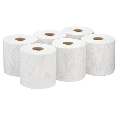 Sechs WypAll® L10 Papierwischtuch-Rollen von Kimberly-Clark GmbH (38,00 cm x 18,30 cm) sind in zwei Dreierreihen angeordnet, ideal für die Reinigung im Service & Einzelhandel oder als Papierwischtuch im Centrefeed-Spender.