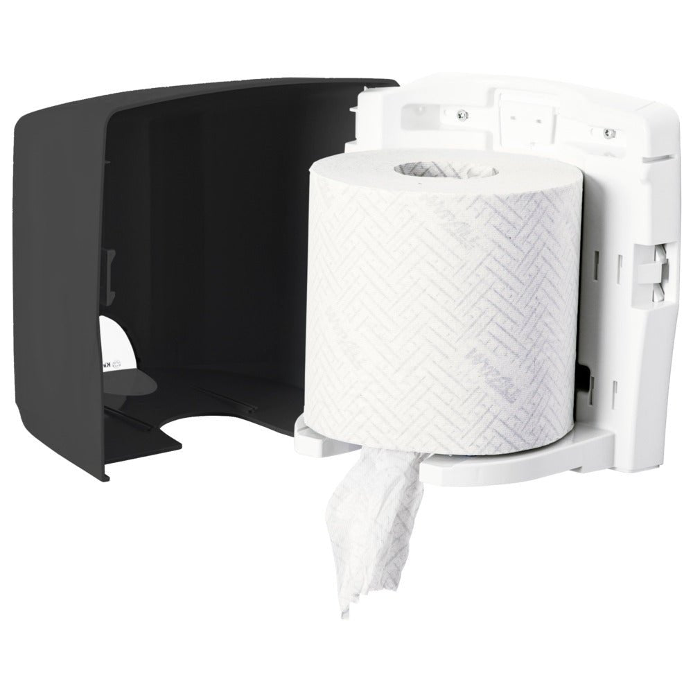 Kimberly-Clark GmbH Aquarius™ torkduk-dispenser - Roll Control i grått är en väggmonterad dispenser med öppen svart lock, utrustad med Roll Control-systemet för en ren, färdig distribution - idealisk för professionell användning.