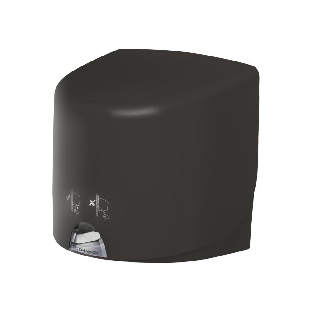 En grå Aquarius™ torkduk-dispenser - Roll Control från Kimberly-Clark GmbH står mot en vit bakgrund, med ett litet fönster med synlig pappershandduk och enkla bruksanvisningar på framsidan, utformad för professionell användning.