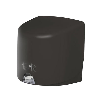 En grå Aquarius™ torkduk-dispenser - Roll Control från Kimberly-Clark GmbH står mot en vit bakgrund, med ett litet fönster med synlig pappershandduk och enkla bruksanvisningar på framsidan, utformad för professionell användning.