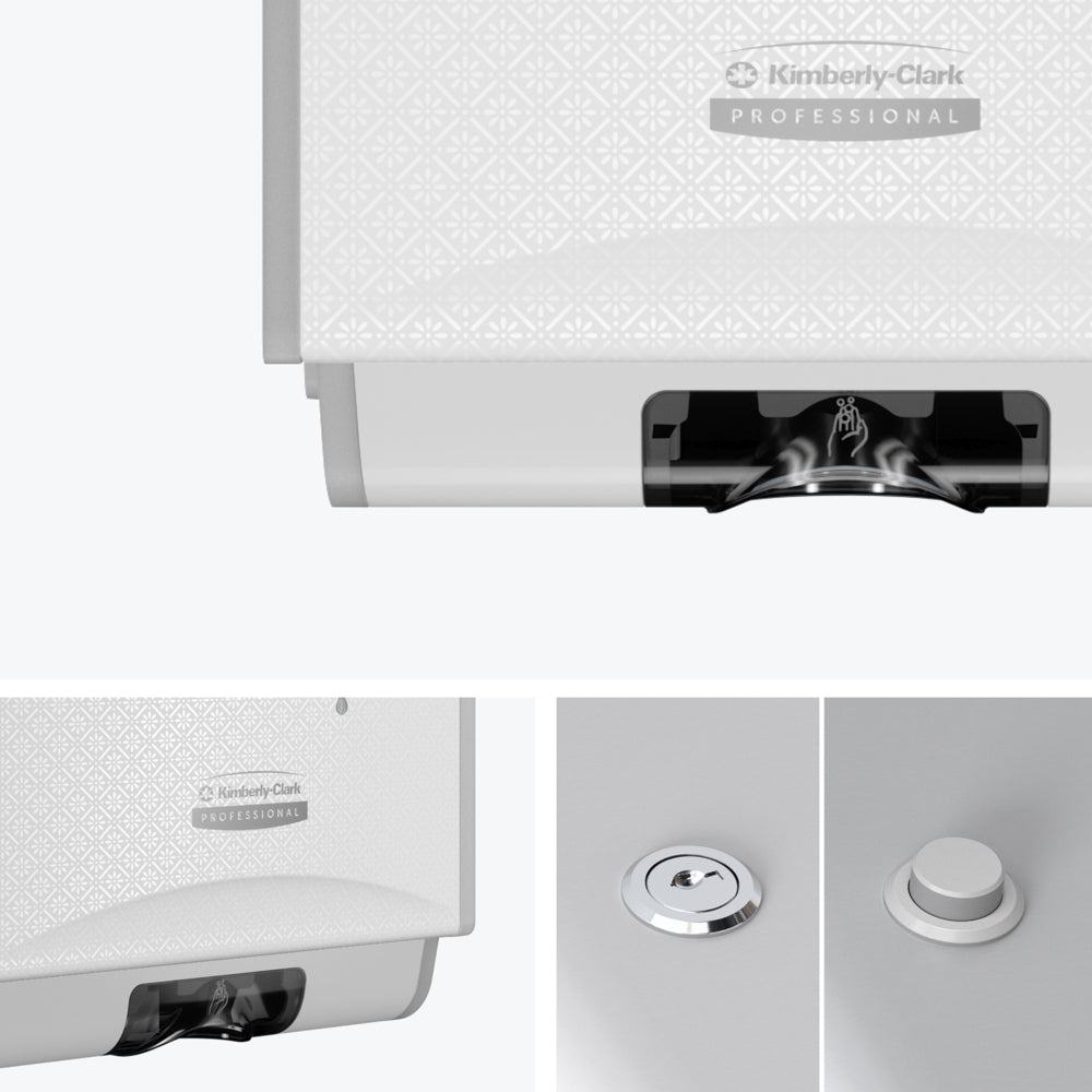 En Kimberly-Clark GmbH Professional™ Icon™ elektronisk hudvårdsdispenser i White Mosaic (1,2 l) visas från olika vinklar och framhäver den designpräglade yttre, logotypen, dispenseröppningen och den beröringsfria doseringen.