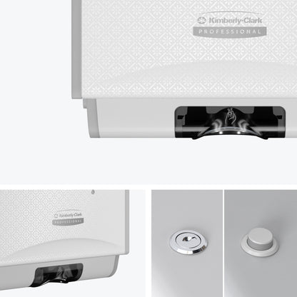 En Kimberly-Clark GmbH Professional™ Icon™ elektronisk hudvårdsdispenser i White Mosaic (1,2 l) visas från olika vinklar och framhäver den designpräglade yttre, logotypen, dispenseröppningen och den beröringsfria doseringen.