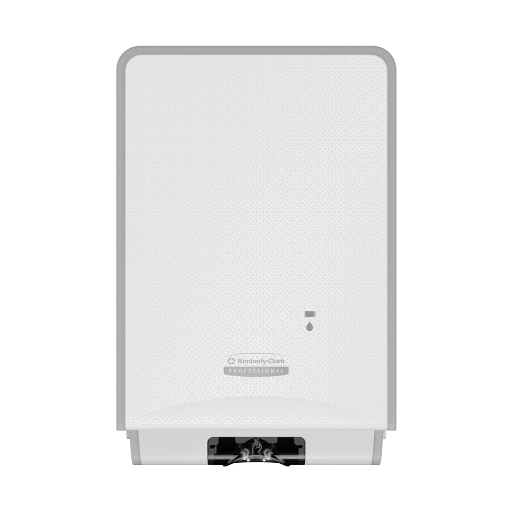 Ein weißer Kimberly-Clark Professional™ Icon™ elektronischer Hautpflegespender (1,2 l) mit berührungsloser Abgabe im White Mosaic Design - ideal für hygienische Handpflege in öffentlichen Bereichen.