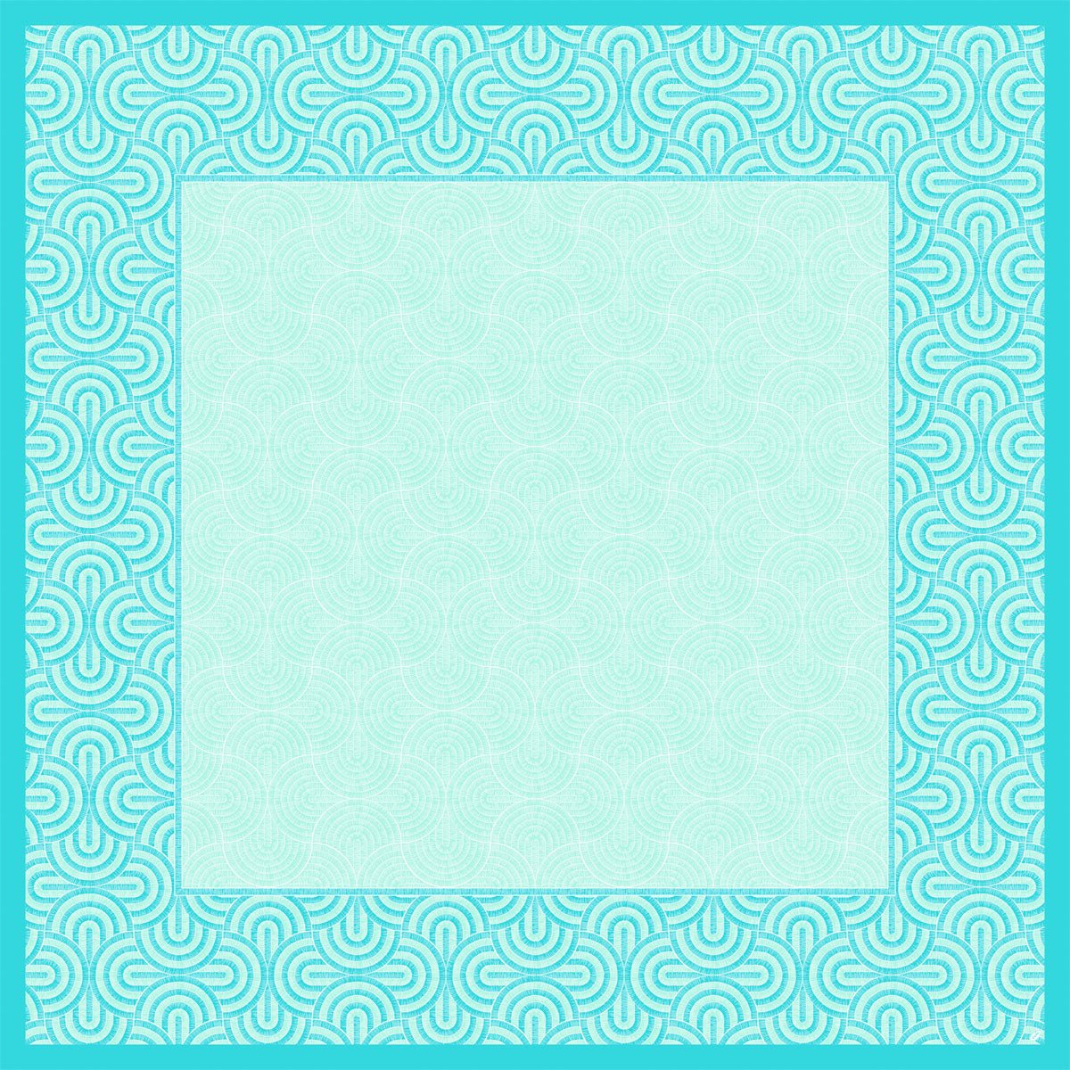 En kvadratisk Dunicel-mittduk (84x84cm) från Duni GmbH, Breeze mintblå: vit/mintvirvlad kant, mjukt ljust cyanvirvelcentrum. Perfekt för vårig bordsdekoration; utan text eller bilder. Förpackning med 20 stycken.