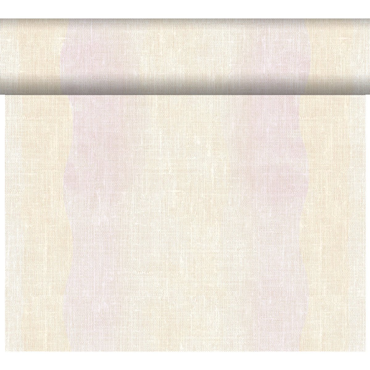 En rulle Duni GmbH Dunicel-bordslöpare Tête-à-Tête (24 m x 0,4 m, 20 sektioner) i ljusbeige rullas delvis ut för att visa dess eleganta vävstruktur som stilfull bordsdekoration framför en enkel vit bakgrund.