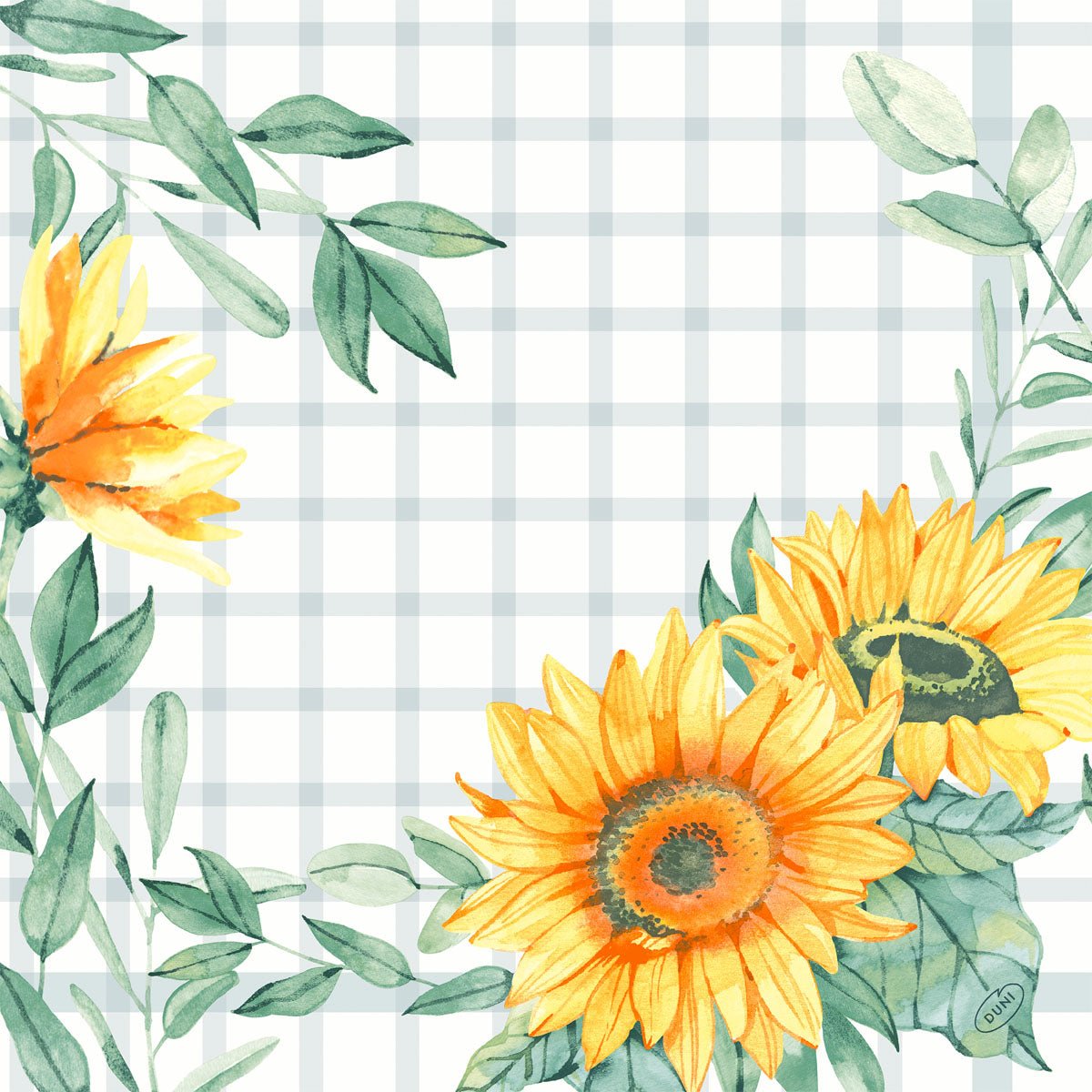 Akvarellillustration av tre gula solrosor med gröna blad på vit bakgrund med ljusgrått rutmönster, idealisk för dekoration av Dunisoft-Serv. 40x40cm från Duni GmbH för en mjuk, tygliknande servettlook.