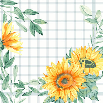 Akvarellillustration av tre gula solrosor med gröna blad på vit bakgrund med ljusgrått rutmönster, idealisk för dekoration av Dunisoft-Serv. 40x40cm från Duni GmbH för en mjuk, tygliknande servettlook.