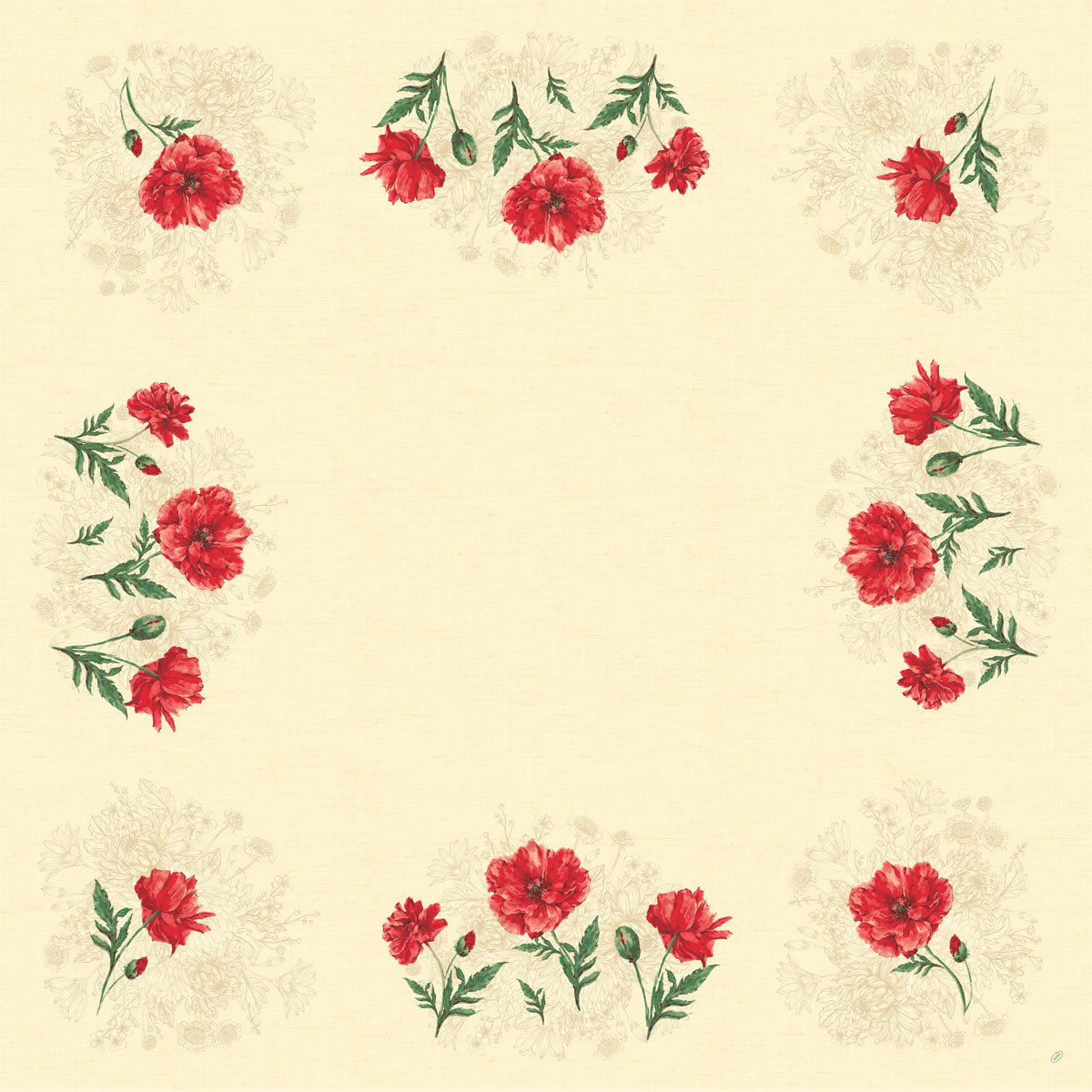 Dunicel-mittduken 84x84 cm Monique från Duni GmbH har en beige bakgrund med röda och rosa nejlikor och gröna blad som bildar en mjuk, miljövänlig blombård längs kanterna, mitten förblir tom. Förpackning (20 stycken).