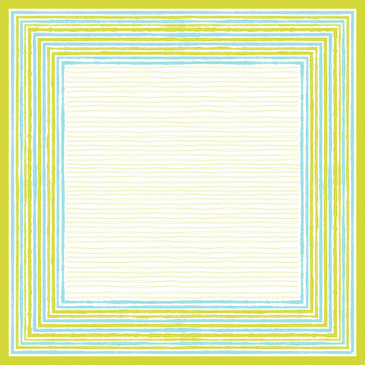 Die Dunicel Mitteldecke 84x84 cm Elise Stripes von Duni GmbH zeichnet sich durch eine stilvolle Bordüre aus abwechselnd blauen, grünen und gelben Streifen um einen cremefarbenen Kern aus, der einen eleganten, strukturierten Look erzeugt. Erhältlich in Packungen mit 100 Stück.