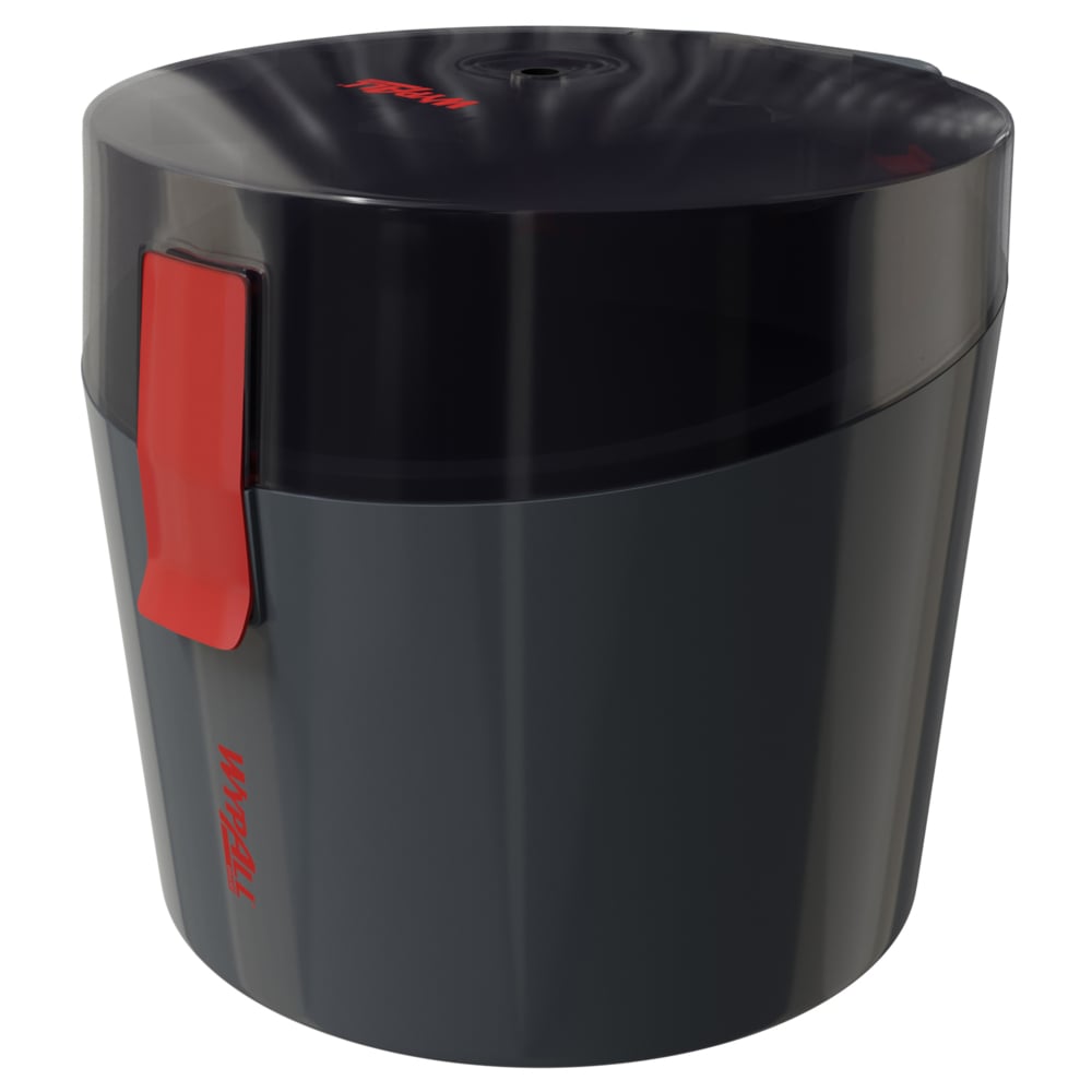 Mörkgrå, cylindrisk WypAll® Reach Plus™ Centrefeed-dispenser från Kimberly-Clark GmbH med glänsande svart lock och röd sidolåsning. Modellnamnet är vertikalt tryckt nära botten i rött.