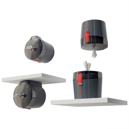 Fyra bilder visar en mörkgrå WypAll® Reach Plus™ Centrefeed-dispenser från Kimberly-Clark GmbH med en röd spak, monterad på eller under vita hyllor. En dispenser är öppen och dukarna är synliga, den andra är stängd.