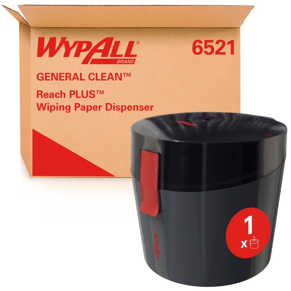 En kartong med texten "WypAll® Reach Plus™ Centrefeed Dispenser - 1 Dispenser | Kartong (1 dispenser)" från Kimberly-Clark GmbH står bakom en svart WypAll-dispenser med röd stängning och "1 x"-indikator på framsidan.