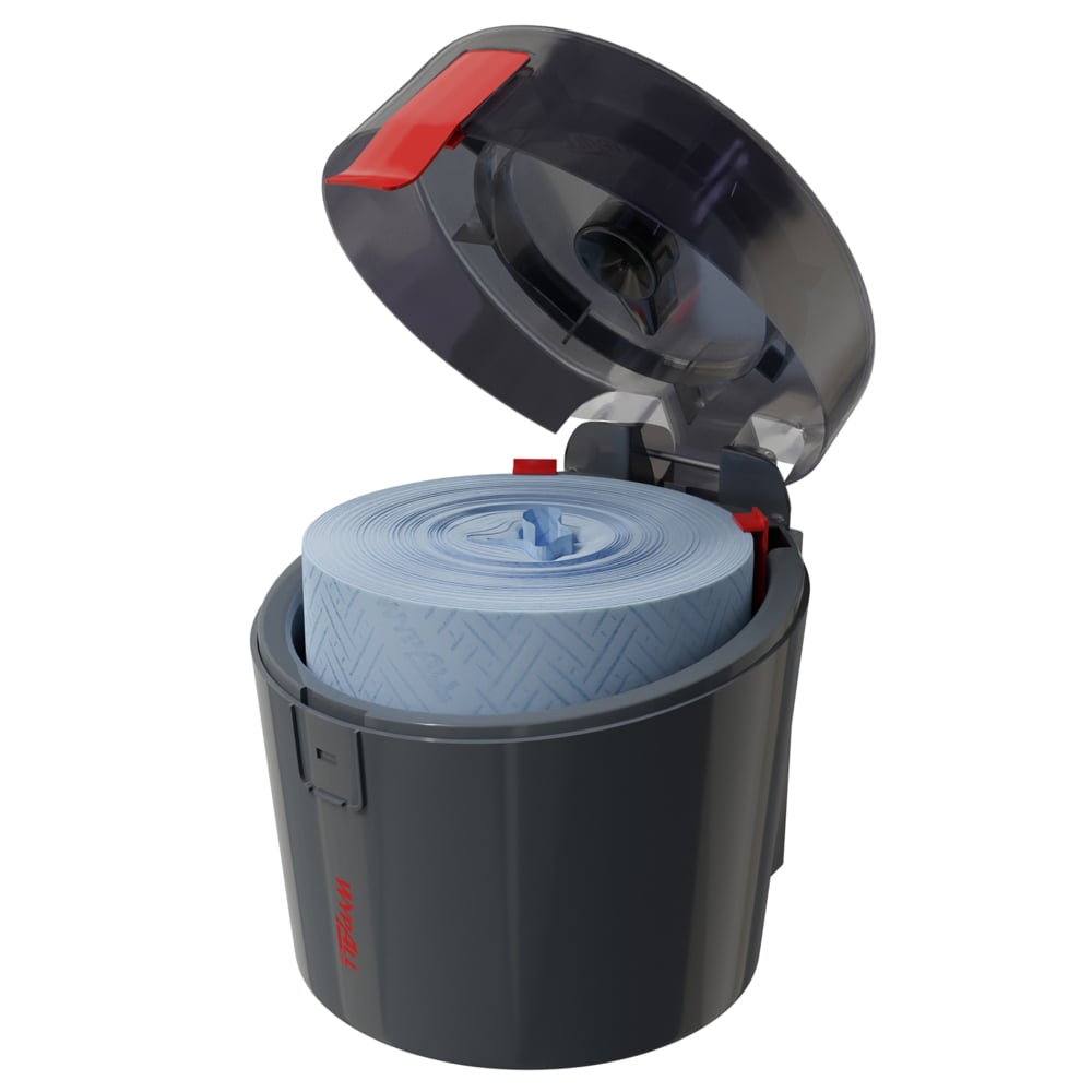 En mörkgrå Kimberly-Clark WypAll® Reach Plus™ Centrefeed-dispenser med uppfällbart, transparent lock, röd spärr och "TORK"-etikett är öppen och visar ett blått, upprullat ark inuti.