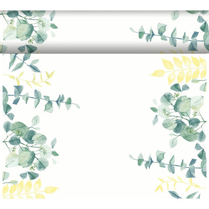 Vit rektangulär ram med gröna och gula eukalyptusblad i akvarellstil med Duni GmbH Dunicel-bordslöparen Tête-à-Tête 24 m x 0,4 m (20 sektioner) - idealisk för en elegant bordsdekoration.