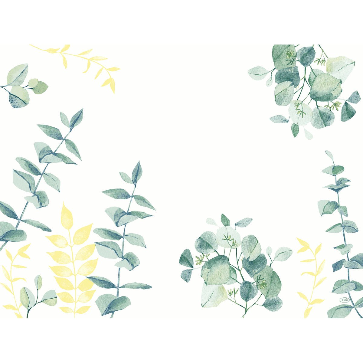 Duni GmbH:s pappersunderlägg 30x40 cm Spire med gröna och gula blad i Spire-mönster är perfekta för dekoration av evenemang och festbord; varje förpackning innehåller 250 stycken.