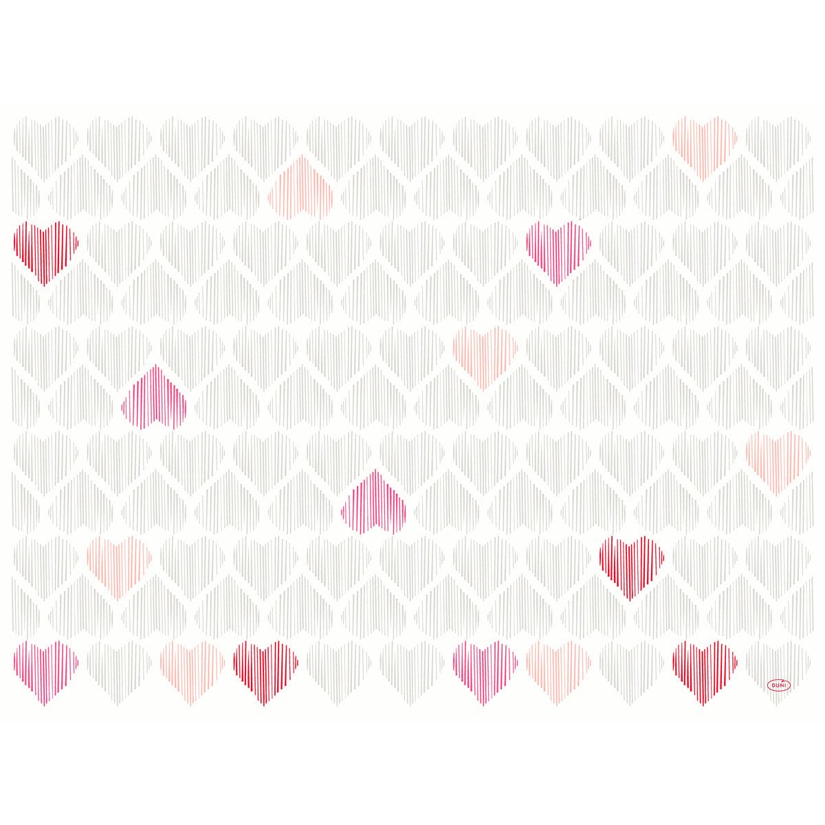 Ett rutnät av vertikala hjärtlinjer i ljusgrått och spridda rosa, röda och persikofärgade hjärtan pryder Dunicel-sets 30x40 cm Amour från Duni GmbH-högkvalitativa bordstabletter (förpackning 100 stycken)-på en strålande vit bakgrund.