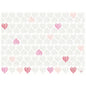 Ett rutnät av vertikala hjärtlinjer i ljusgrått och spridda rosa, röda och persikofärgade hjärtan pryder Dunicel-sets 30x40 cm Amour från Duni GmbH-högkvalitativa bordstabletter (förpackning 100 stycken)-på en strålande vit bakgrund.