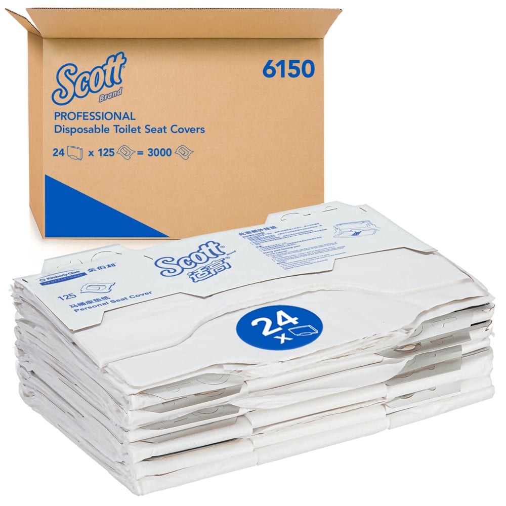 En kartong med texten "Scott® Toalettsitsöverdrag - Vit" från Kimberly-Clark GmbH innehåller 24 påsar med 125 överdrag vardera (totalt 3.000) för hygienisk toalettanvändning, där de individuellt förpackade överdragen visas fram.