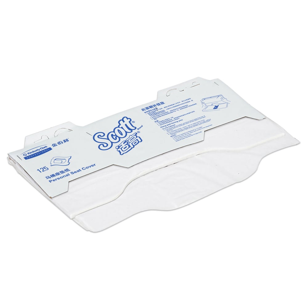 En delvis öppen förpackning Scott® Toalettsitsöverdrag - Vit (Kimberly-Clark GmbH), 24 påsar x 125 förpackningar/kartong, avslöjar vita överdrag inuti; perfekt för hygienisk toalettanvändning.