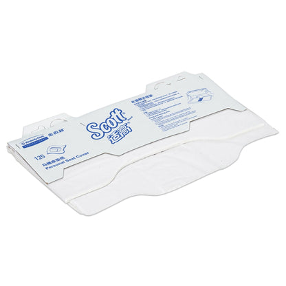 En delvis öppen förpackning Scott® Toalettsitsöverdrag - Vit (Kimberly-Clark GmbH), 24 påsar x 125 förpackningar/kartong, avslöjar vita överdrag inuti; perfekt för hygienisk toalettanvändning.
