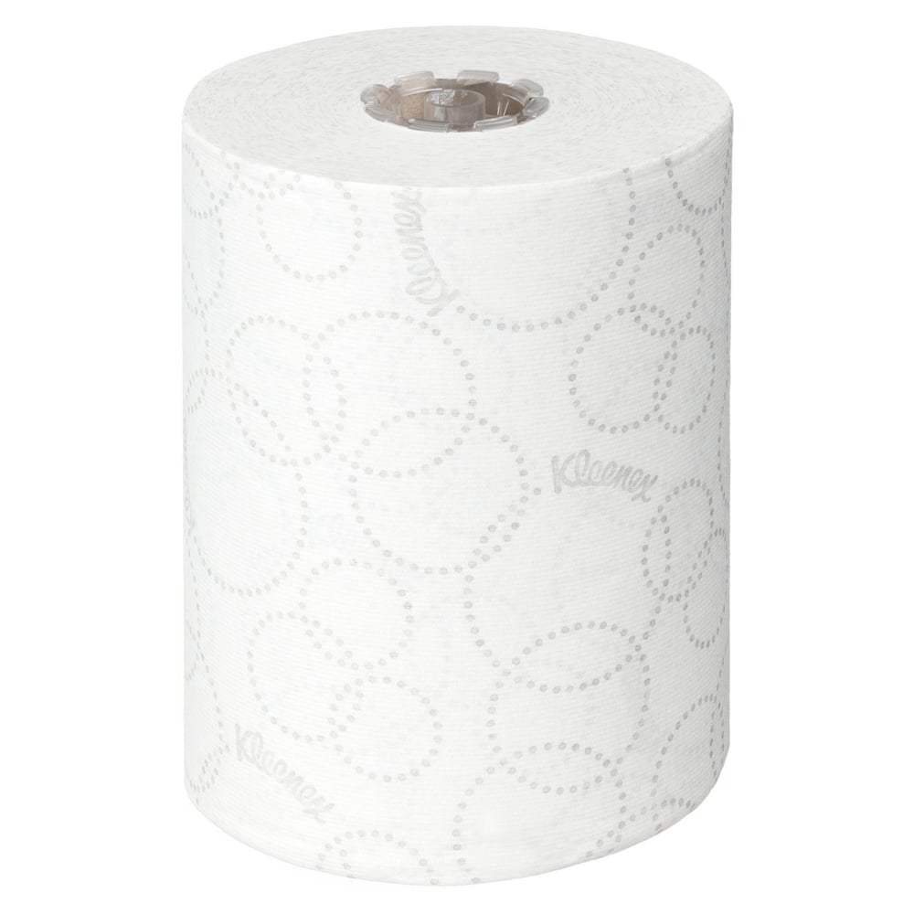 En enskild vit Kleenex® Ultra™ Slimroll™ pappershandduksrulle från Kimberly-Clark GmbH står upprätt och är försedd med ett prickigt mönster - idealisk för smala dispensersystem. Förpackning: 6 rullar per kartong.