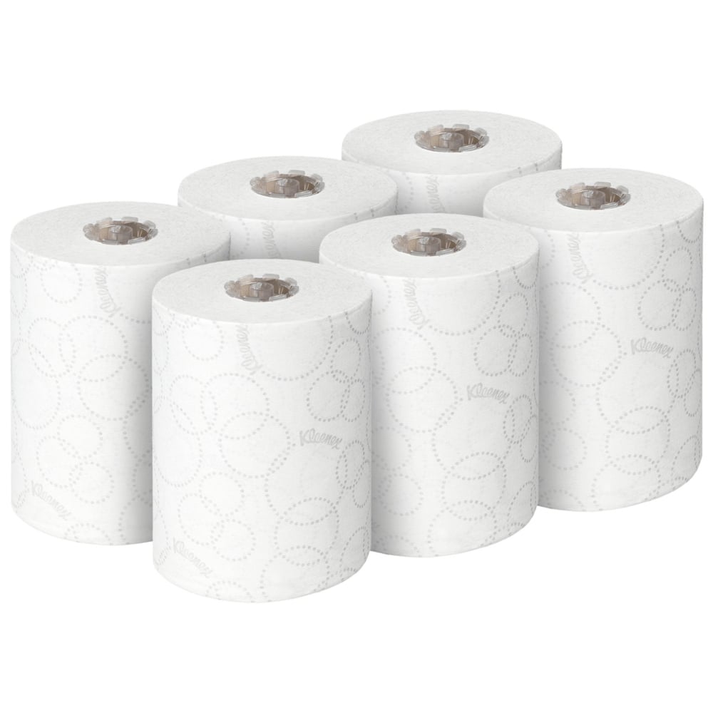 Sex vita rullar Kleenex® Ultra™ Slimroll™ pappershanddukar från Kimberly-Clark GmbH är arrangerade i två rader om tre - idealiska för smala dispensersystem - mot en enkel vit bakgrund.
