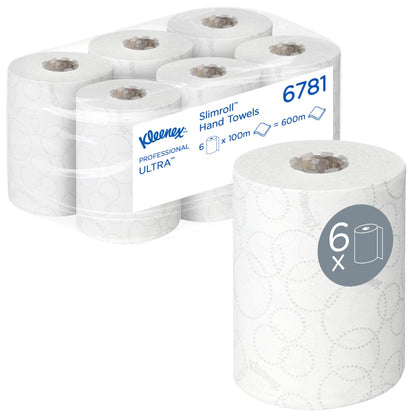 En kartong med 6 Kleenex® Ultra™ Slimroll™ pappershanddukar från Kimberly-Clark GmbH, varje vit rulle 100m, idealisk för smala dispensersystem. En rulle är separat avbildad med ett "6x" och rullsymbol på etiketten.