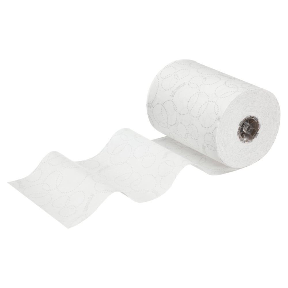 En vit rulle Kleenex® Ultra™ Slimroll™ pappershanddukar från Kimberly-Clark GmbH, delvis utrullad med präglade virvlar, idealisk för smala dispensersystem eller för användning bredvid andra Ultra™ Slimroll™ produkter. Förpackning: 6 rullar per kartong.