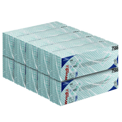 En stapel förpackade Kimberly-Clark GmbH WypAll® X80 Critical Clean Interfold dukar (41x33 cm) i en vit förpackning med gröna och blå accenter, med texten 7566 på sidan.