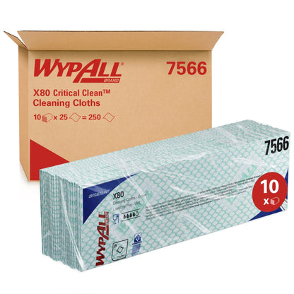 Avbildad är en låda med texten "WypAll® X80 Critical Clean - Interfold, 41,00 cm x 33,00 cm" från Kimberly-Clark GmbH med staplade rengöringsdukar för kritiska miljöer i plastförpackningar, som indikerar 10 förpackningar med 25 dukar vardera för industriell rengöring.