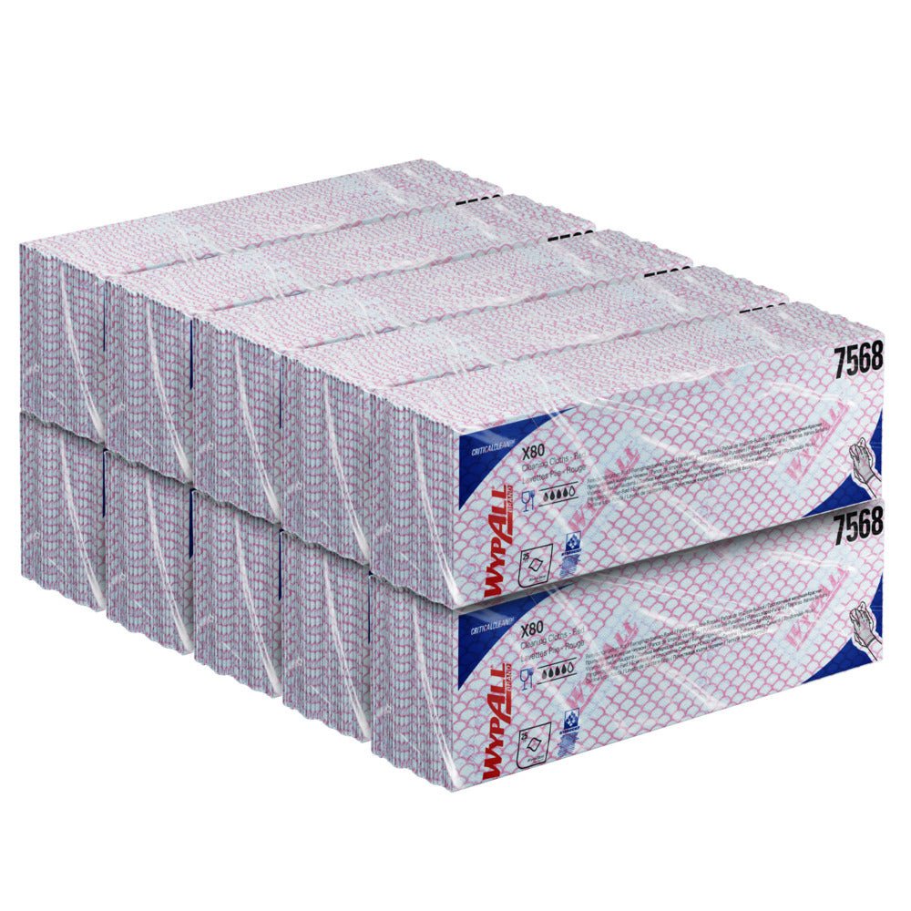 En hög med Kimberly-Clark GmbH WypAll® X80 Critical Clean Interfold-servetter (41 x 33 cm), artikel 7568, med röd-blått rutmönster, i två rader med fyra lådor vardera - idealisk för kritiska miljöer.