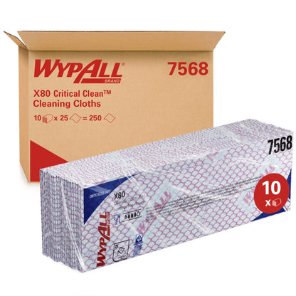 En låda WypAll® X80 Critical Clean - Interfold (41,00 cm x 33,00 cm) från Kimberly-Clark GmbH står bakom vikta vita dukar med lila mönster, där det står "10 x 25" och "250" - idealisk för kritisk industriell rengöring.