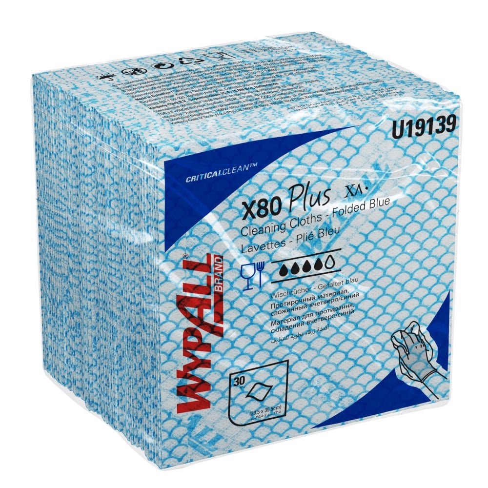 En kartong med WypAll® X80 Plus Critical Clean, blå kvartalsvikta rengöringsdukar (8 påsar x 30 ark) från Kimberly-Clark GmbH - med branding, detaljer och symboler för absorptionsförmåga - idealisk för kritiska miljöer.