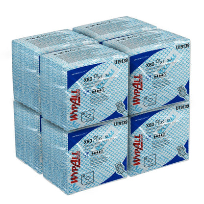 Åtta förpackningar WypAll® X80 Plus Critical Clean rengöringsdukar från Kimberly-Clark GmbH med 30 blå kvartalsvikta ark vardera i en blåvit märkesförpackning - perfekt för kritiska miljöer.