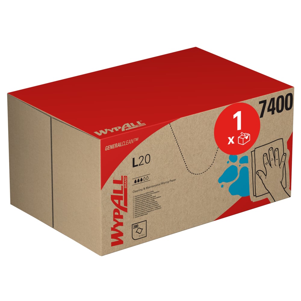 En blå WypAll® L20 General Clean BRAG™ Box från Kimberly-Clark GmbH med varumärke och symboler visar att den innehåller 280 rengöringsdukar för allmän och industriell användning. På höger sida av lådan finns en bild av en hand som torkar av en yta.