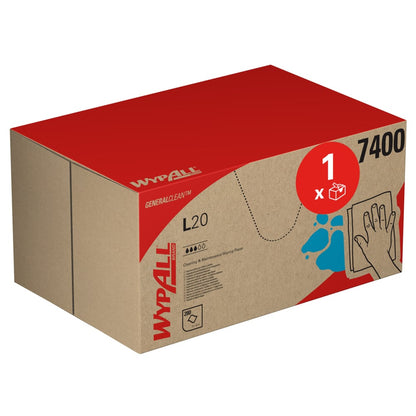 En blå WypAll® L20 General Clean BRAG™ Box från Kimberly-Clark GmbH med varumärke och symboler visar att den innehåller 280 rengöringsdukar för allmän och industriell användning. På höger sida av lådan finns en bild av en hand som torkar av en yta.